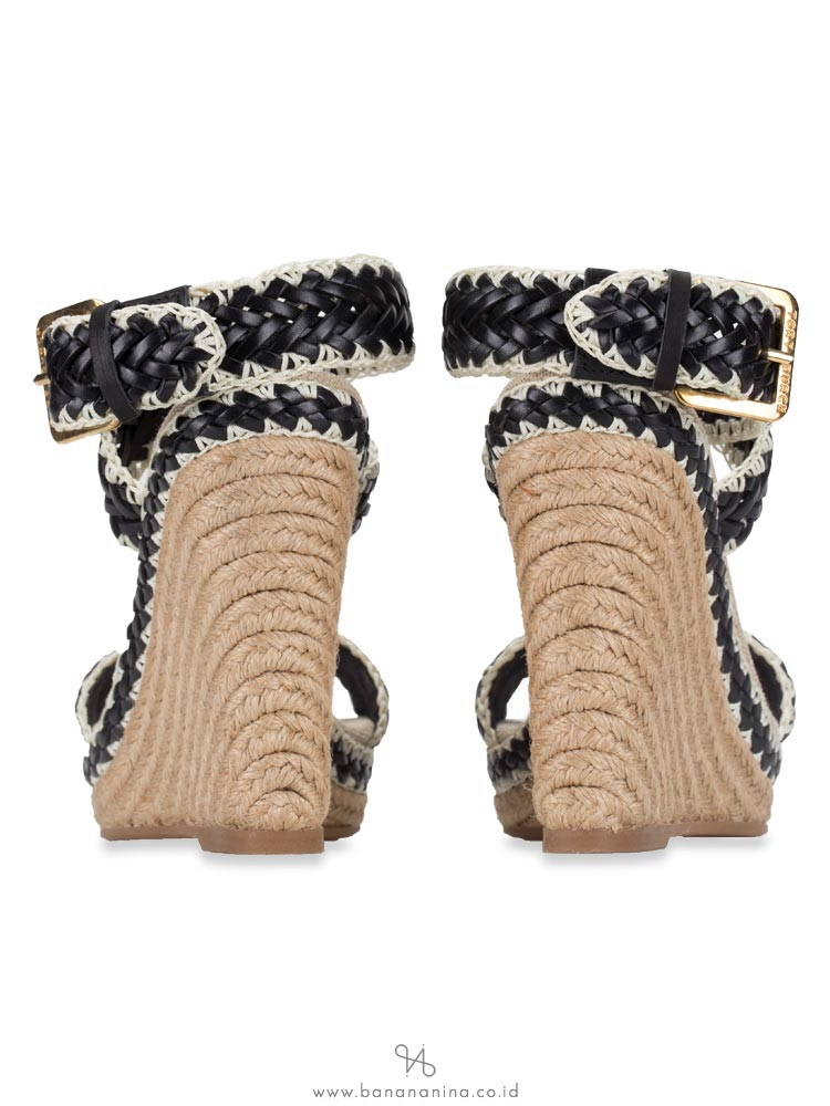 TORY BURCH Lilah Espadrille Wedge Black Natural Sz 37.5