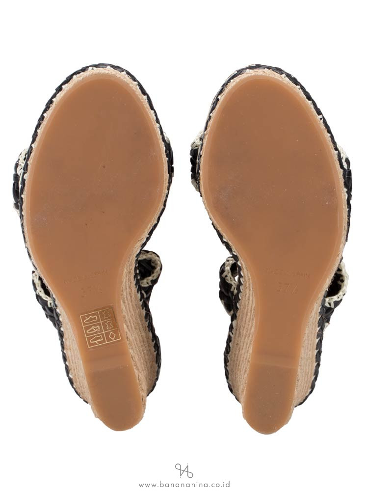 TORY BURCH Lilah Espadrille Wedge Black Natural Sz 37.5