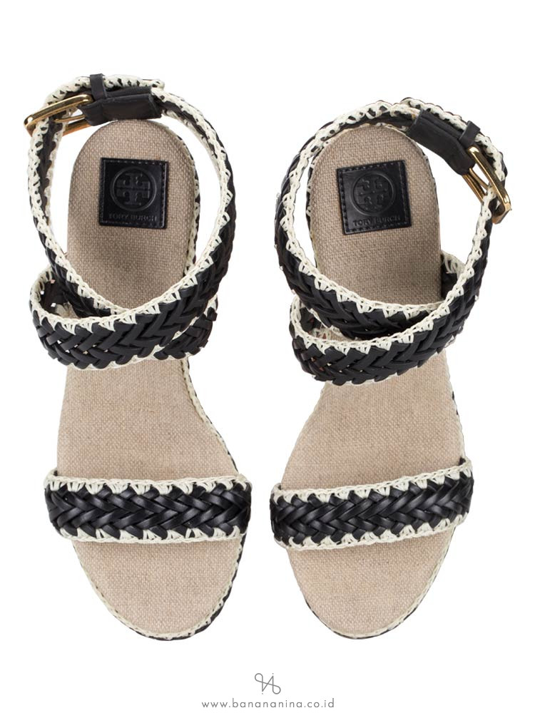 TORY BURCH Lilah Espadrille Wedge Black Natural Sz 37.5