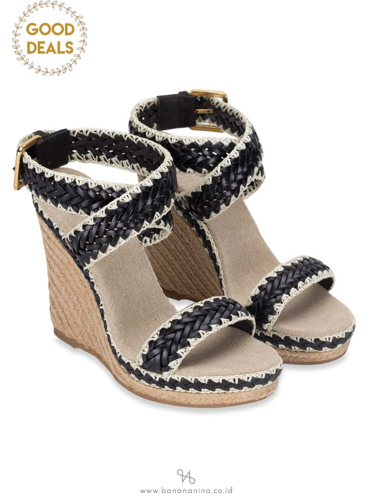 TORY BURCH Lilah Espadrille Wedge Black Natural Sz 37.5