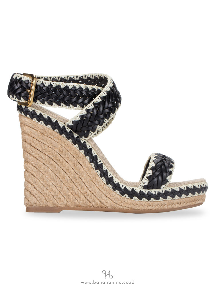 TORY BURCH Lilah Espadrille Wedge Black Natural Sz 37.5