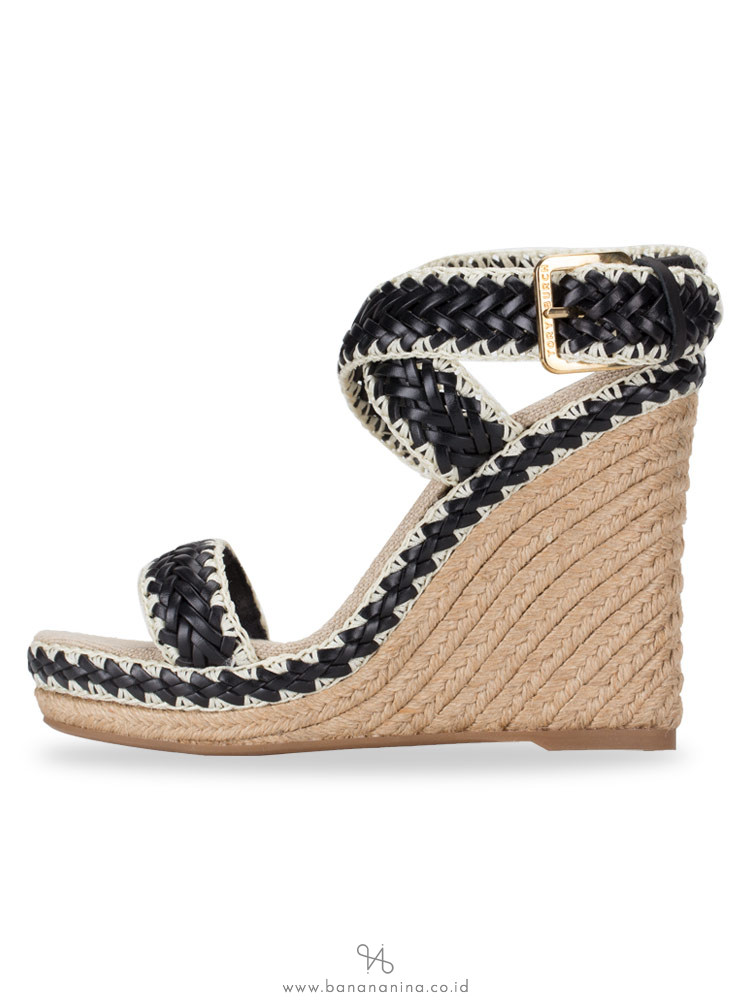 TORY BURCH Lilah Espadrille Wedge Black Natural Sz 37.5