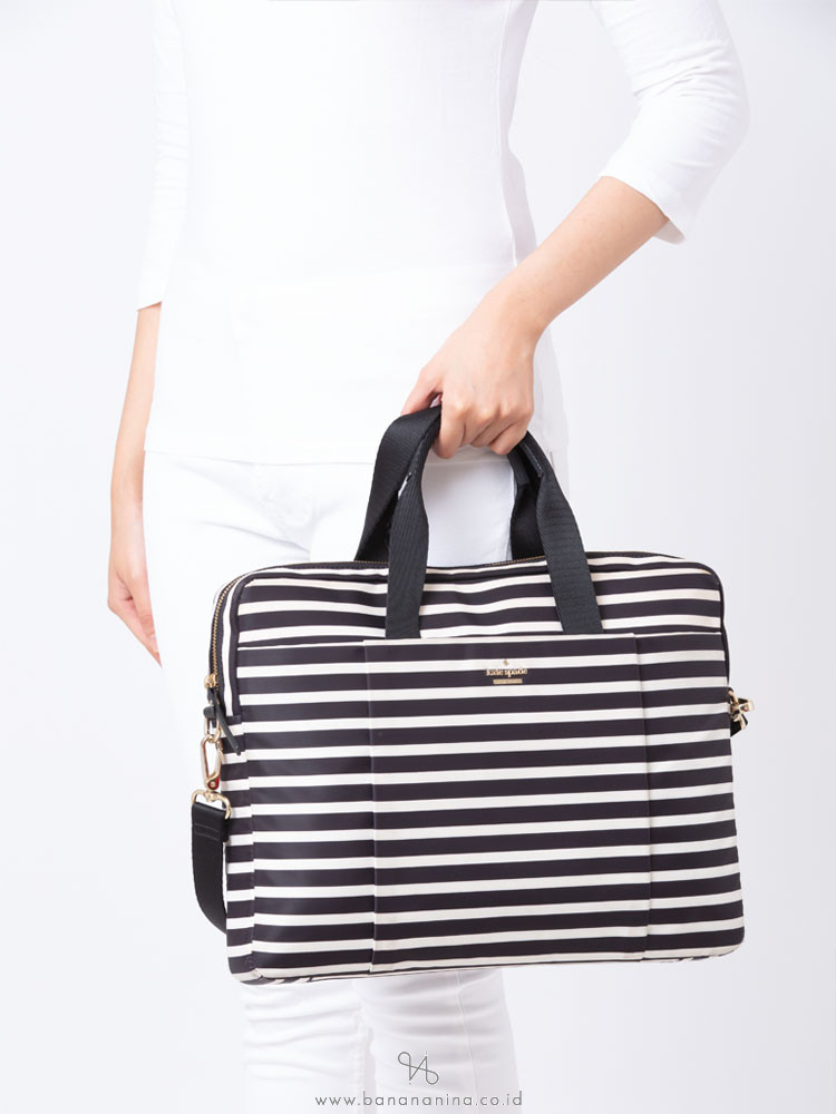 KATE SPADE Nylon Stripe Laptop Bag Black Cream