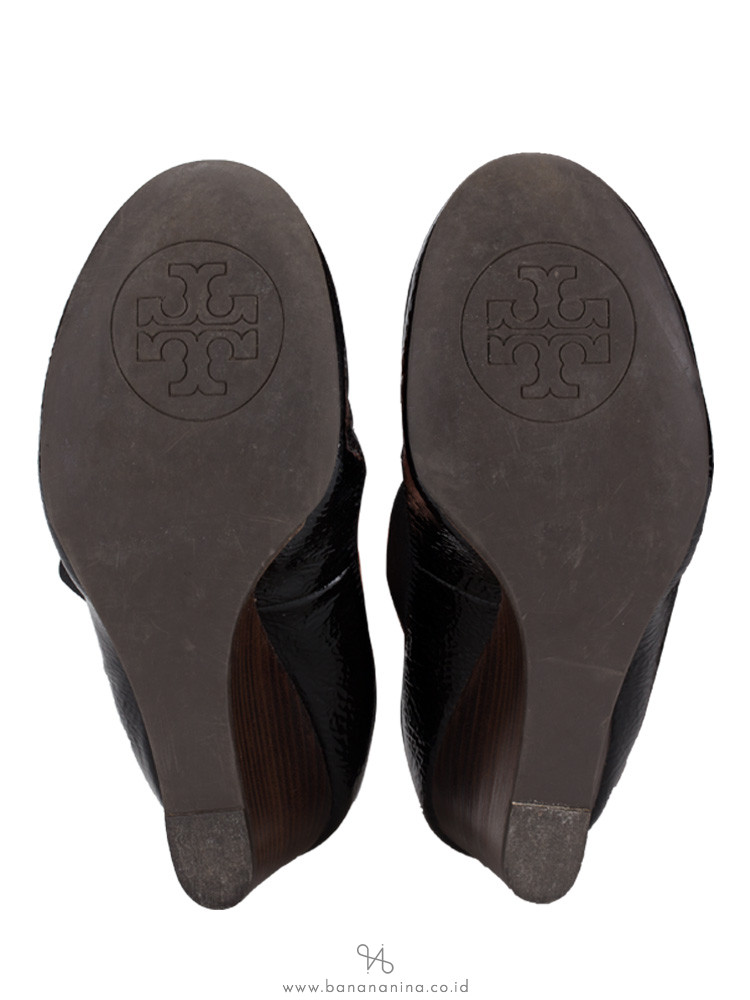 TORY BURCH Caroline Leather Wedges Black Sz 6.5