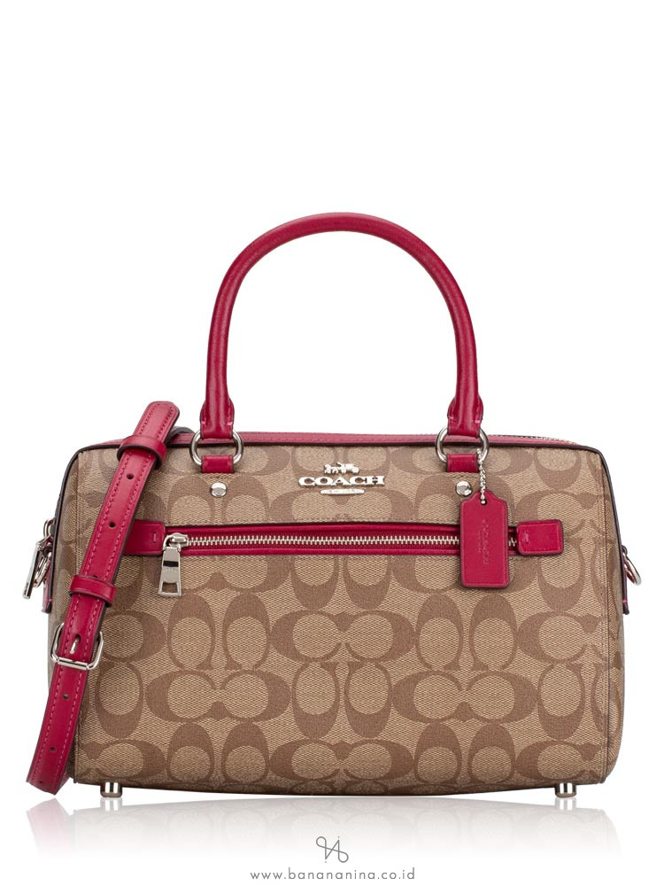 COACH 83607 Signature Rowan Satchel Khaki Dark Fucshia
