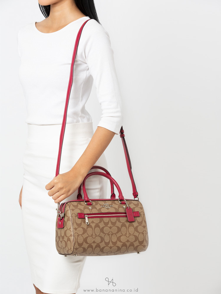 COACH 83607 Signature Rowan Satchel Khaki Dark Fucshia