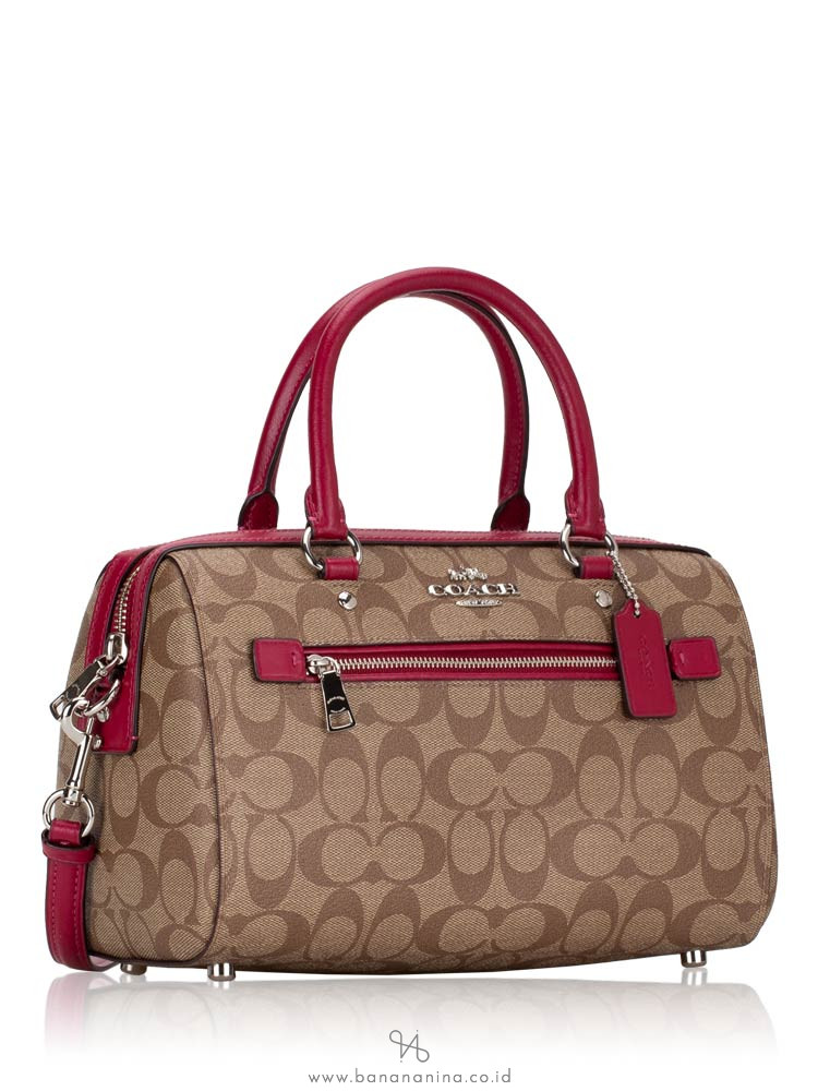 COACH 83607 Signature Rowan Satchel Khaki Dark Fucshia