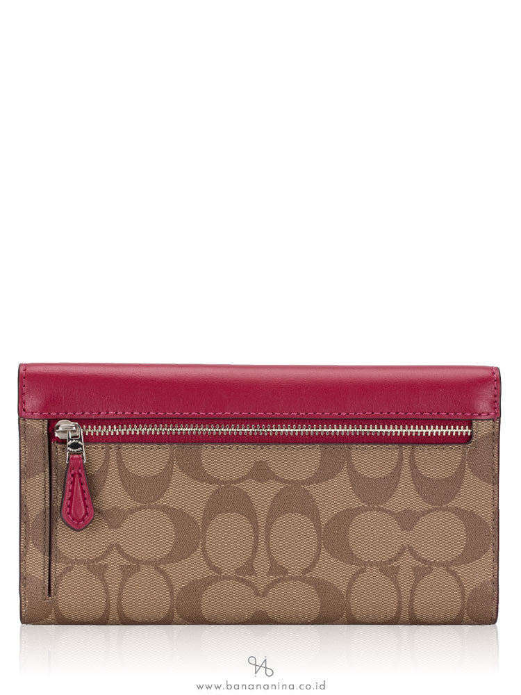 COACH 88024 Signature Trifold Wallet Khaki Dark Fuchsia