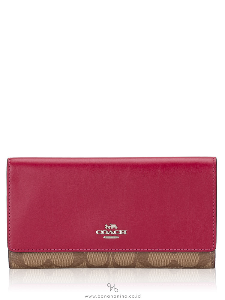 COACH 88024 Signature Trifold Wallet Khaki Dark Fuchsia