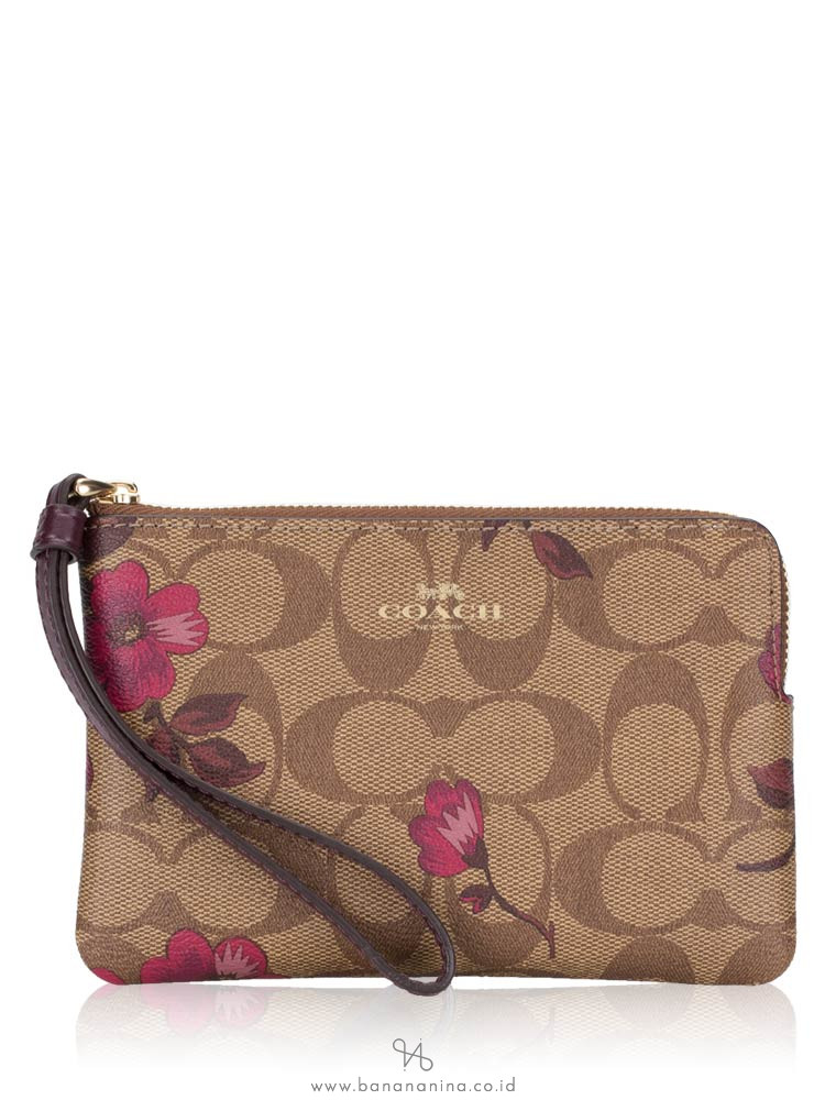 COACH 87780 Signature Victorian Floral Small Wristlet Khaki Berry