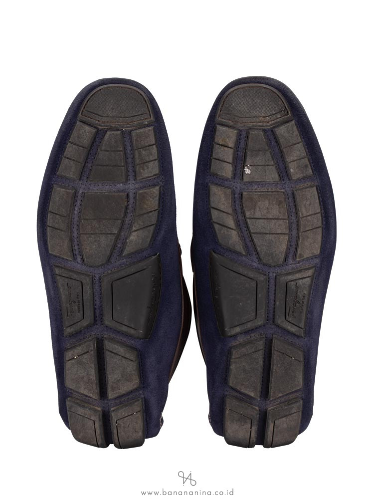 SALVATORE FERRAGAMO Men Suede And Calfskin Gancio Driver Navy Sz 8