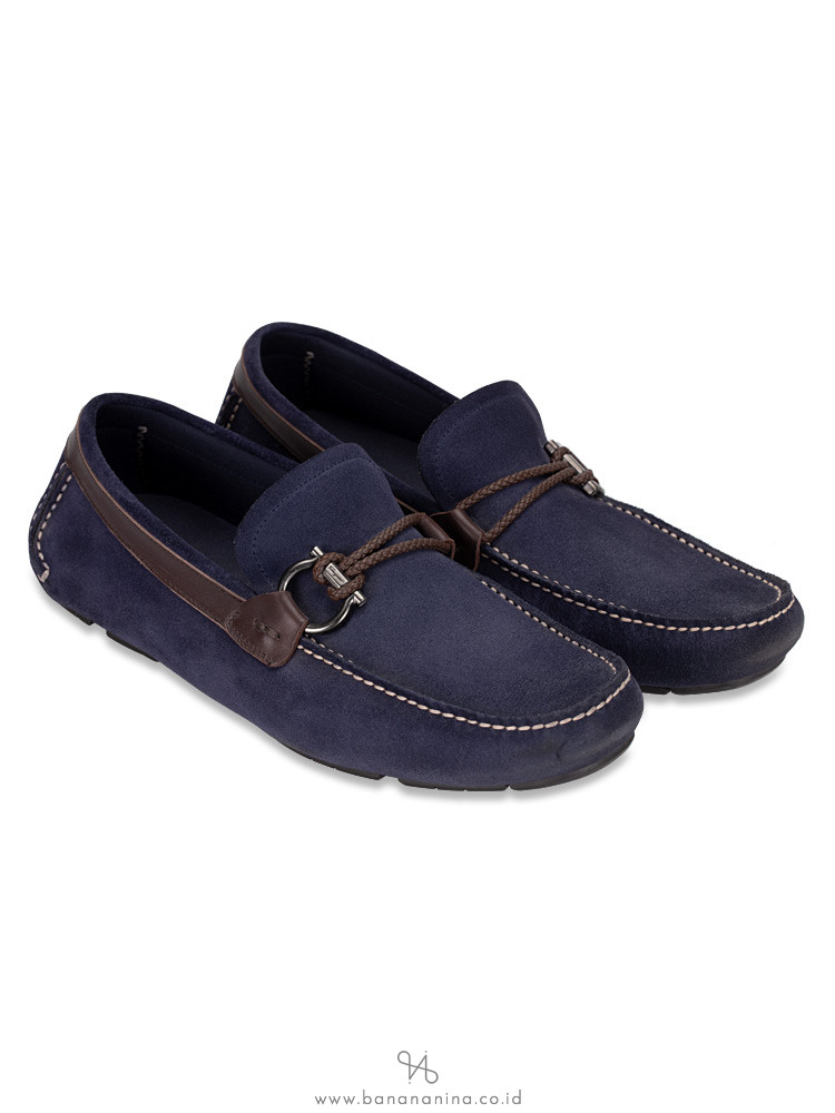 SALVATORE FERRAGAMO Men Suede And Calfskin Gancio Driver Navy Sz 8