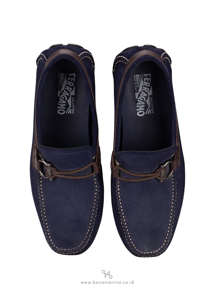 SALVATORE FERRAGAMO Men Suede And Calfskin Gancio Driver Navy Sz 8