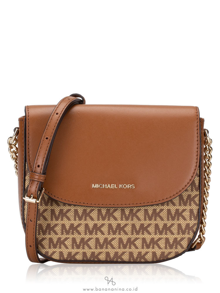 MICHAEL KORS Half Dome Signature Leather Crossbody Beige Ebony
