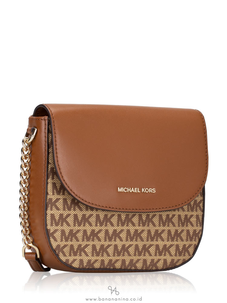 MICHAEL KORS Half Dome Signature Leather Crossbody Beige Ebony