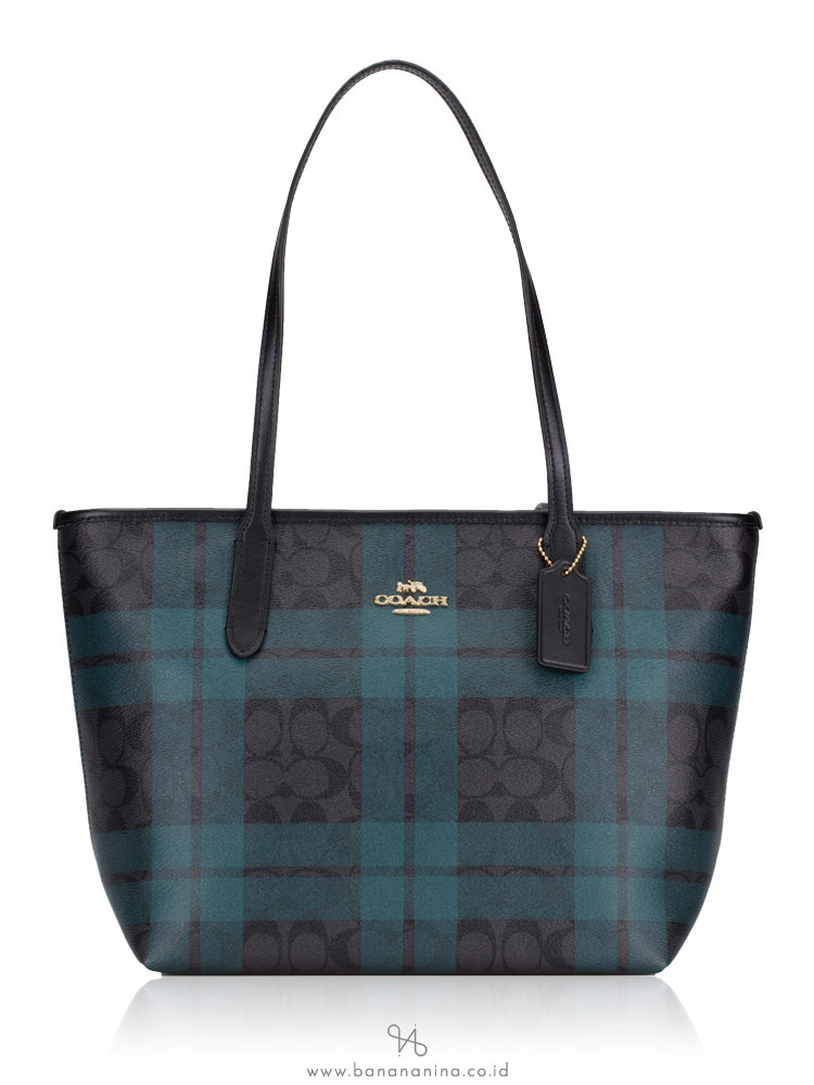 COACH 80028 Signature Field Plaid Zip Top Tote Black Deep Ocean Multi