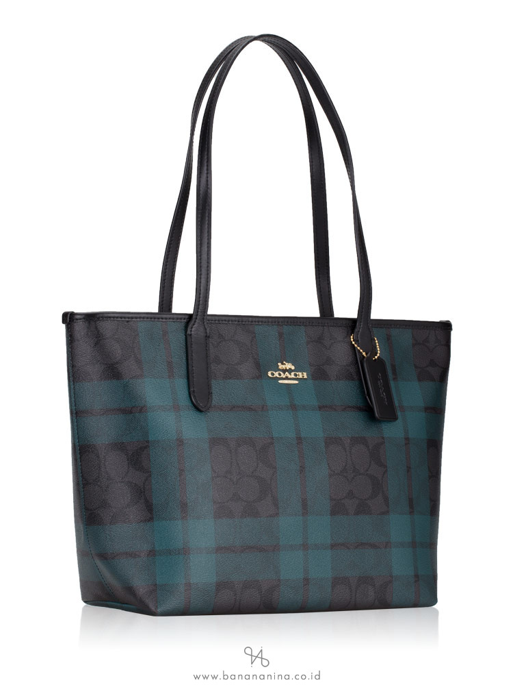 COACH 80028 Signature Field Plaid Zip Top Tote Black Deep Ocean Multi