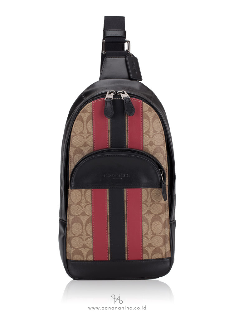 COACH Men 85035 Houston Pack Varsity Stripe Tan Soft Red Black