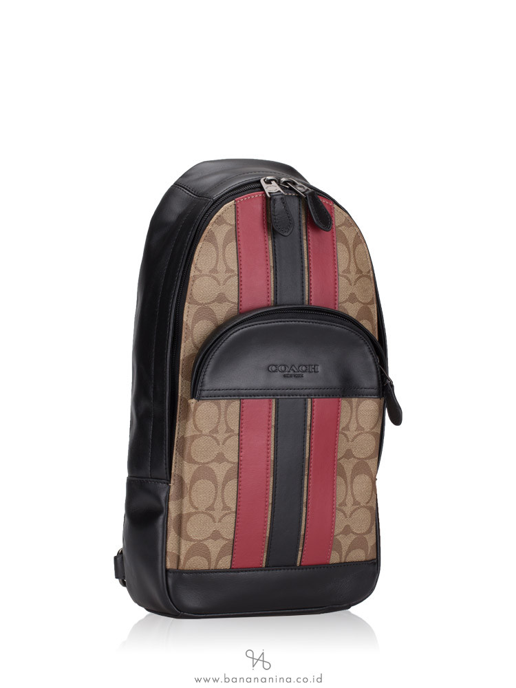 COACH Men 85035 Houston Pack Varsity Stripe Tan Soft Red Black