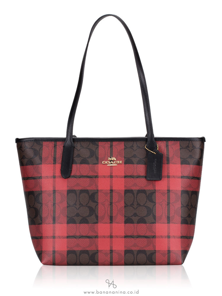 COACH 80028 Signature Field Plaid Zip Top Tote Brown True Red Multi