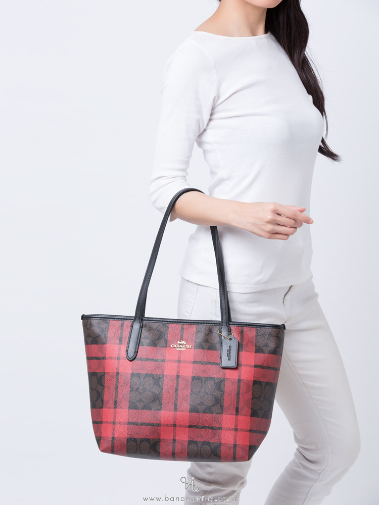 COACH 80028 Signature Field Plaid Zip Top Tote Brown True Red Multi