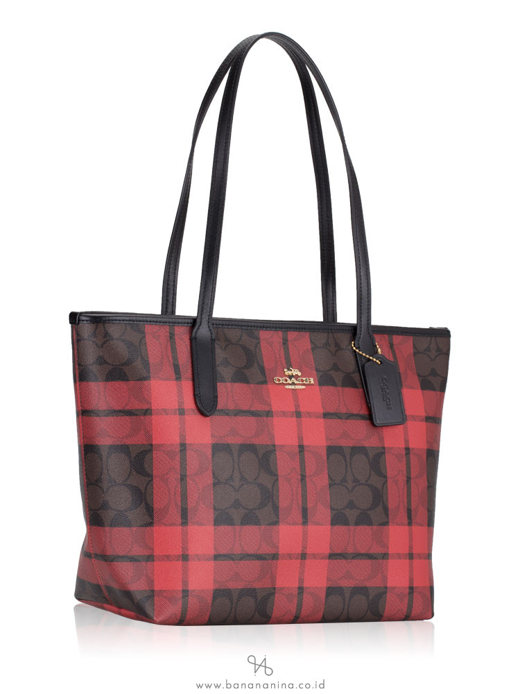 COACH 80028 Signature Field Plaid Zip Top Tote Brown True Red Multi
