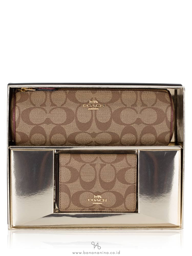 COACH 80122 Signature Make Up Pouch and Mirror Gift Set Khaki Wine