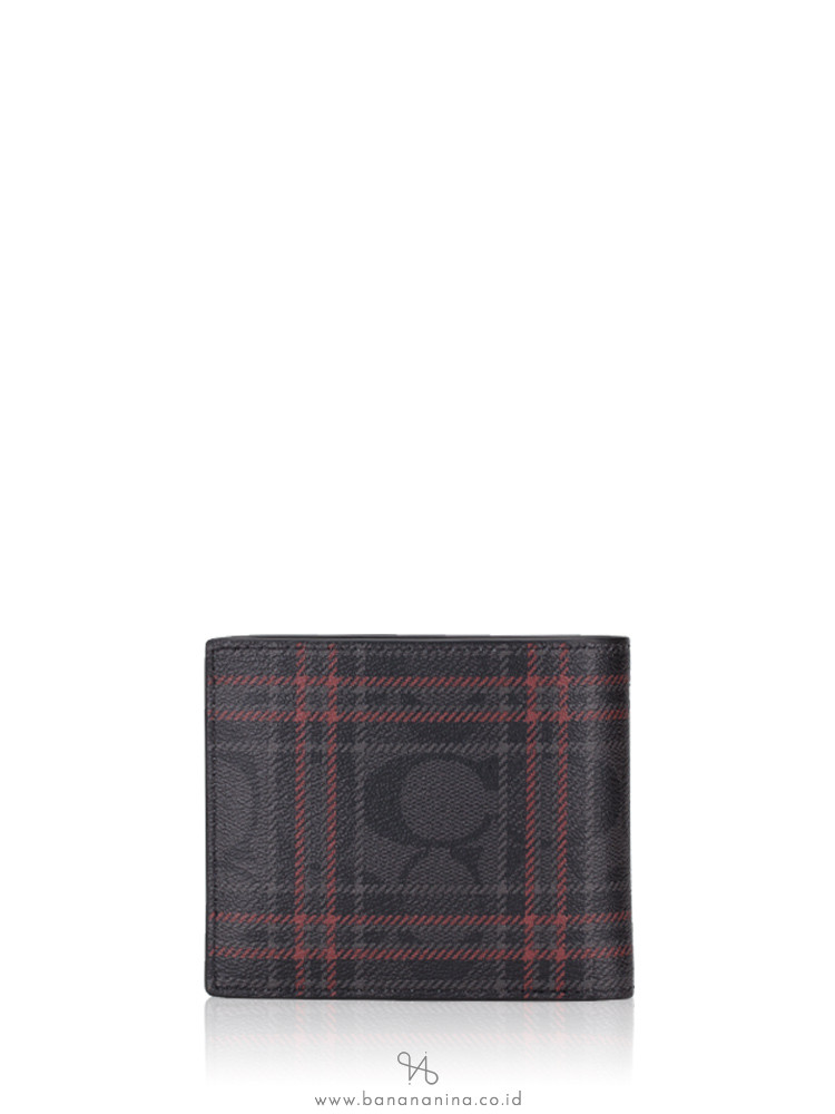 COACH Men 88071 3 In 1 Shirting Plaid ID Bifold Wallet Black Red Multi