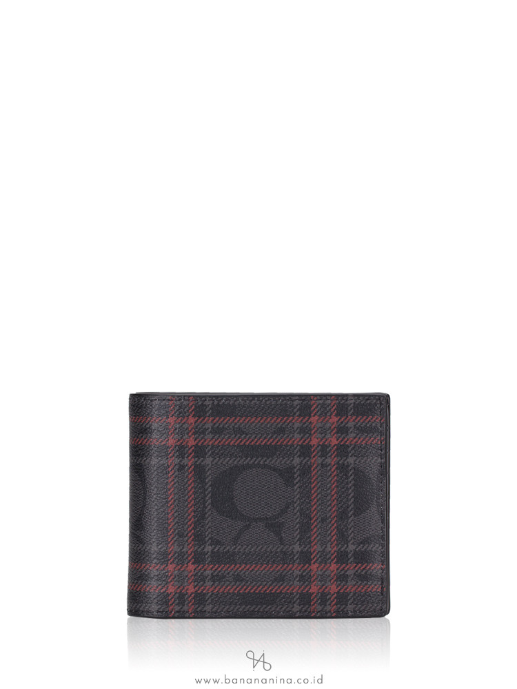 COACH Men 88071 3 In 1 Shirting Plaid ID Bifold Wallet Black Red Multi