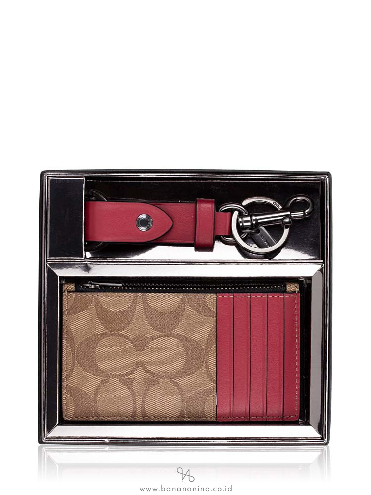 COACH Men 79848 Signature Zip Card Case Fob Gift Set Tan Multi