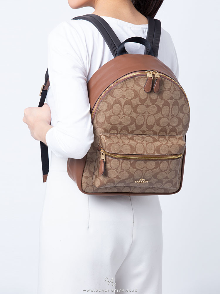 COACH 32200 Signature Charlie Medium Backpack Khaki Saddle