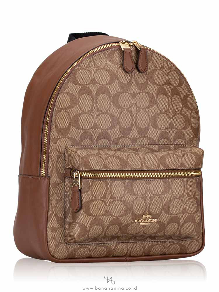 COACH 32200 Signature Charlie Medium Backpack Khaki Saddle