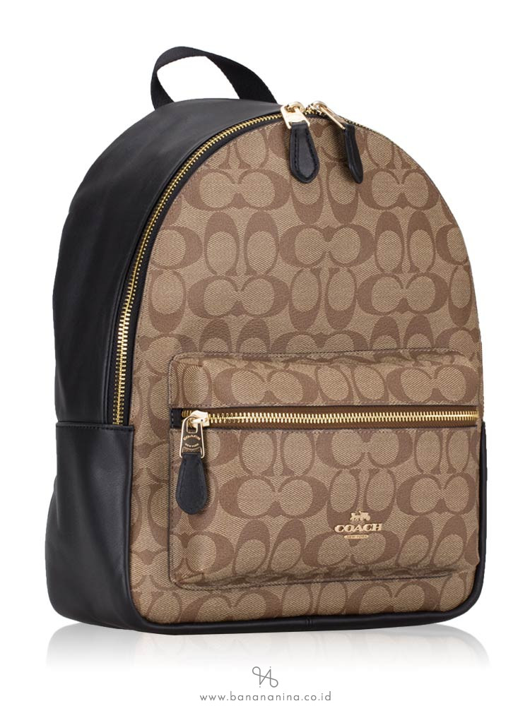 COACH 32200 Signature Charlie Medium Backpack Khaki Black