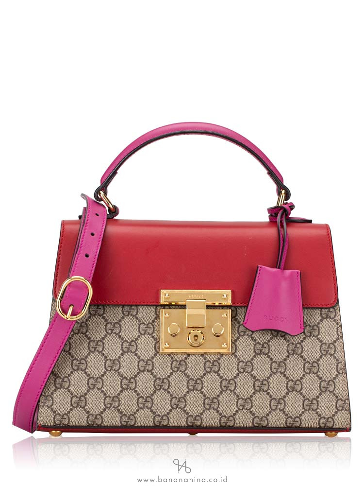 GUCCI GG Supreme Small Padlock Top Handle Bag Beige Red Purple