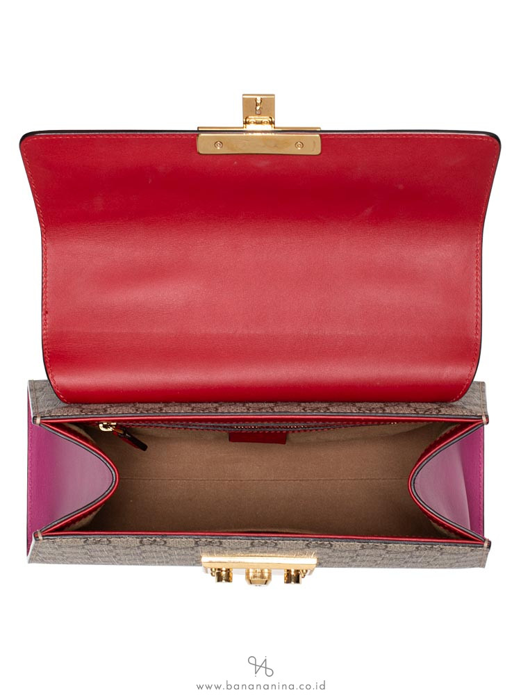 GUCCI GG Supreme Small Padlock Top Handle Bag Beige Red Purple