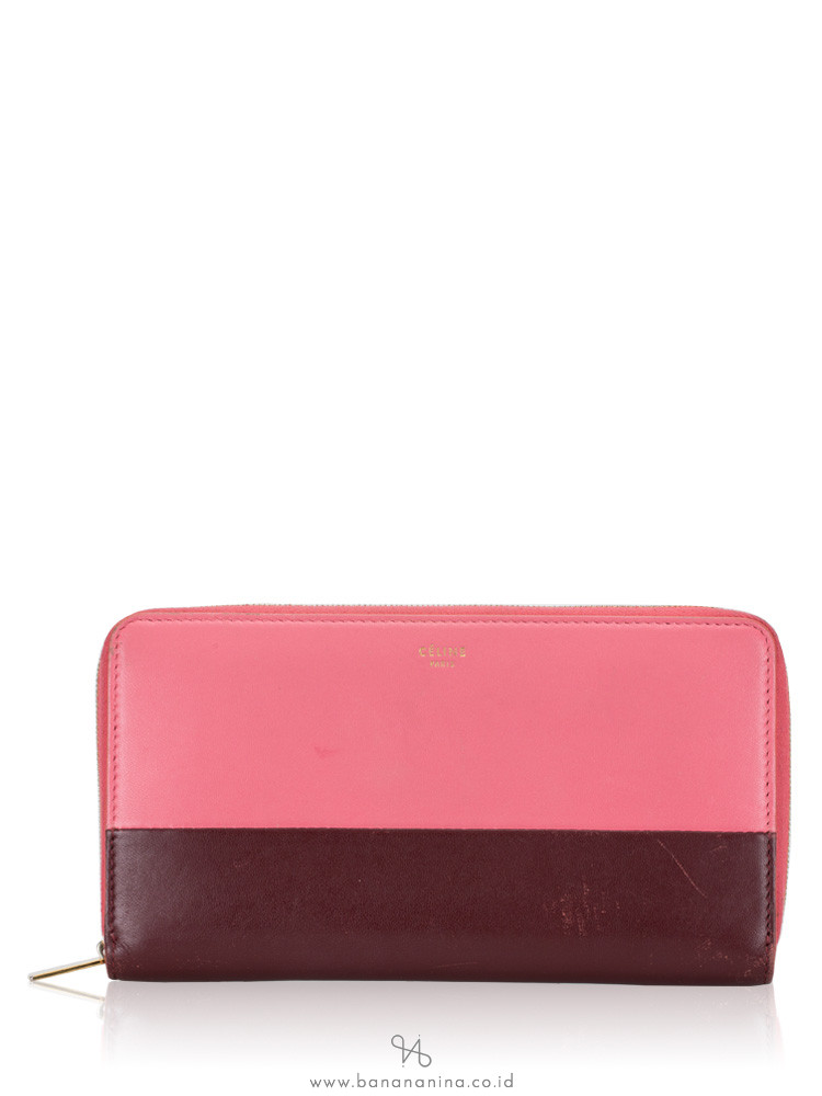 CELINE Bi-color Leather Zip Wallet Bordeaux Pink Rust