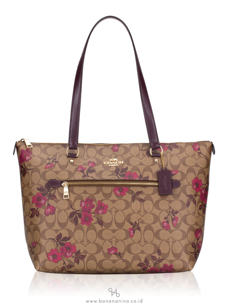 COACH 88876 Signature Victorian Floral Print Gallery Tote Khaki Berry