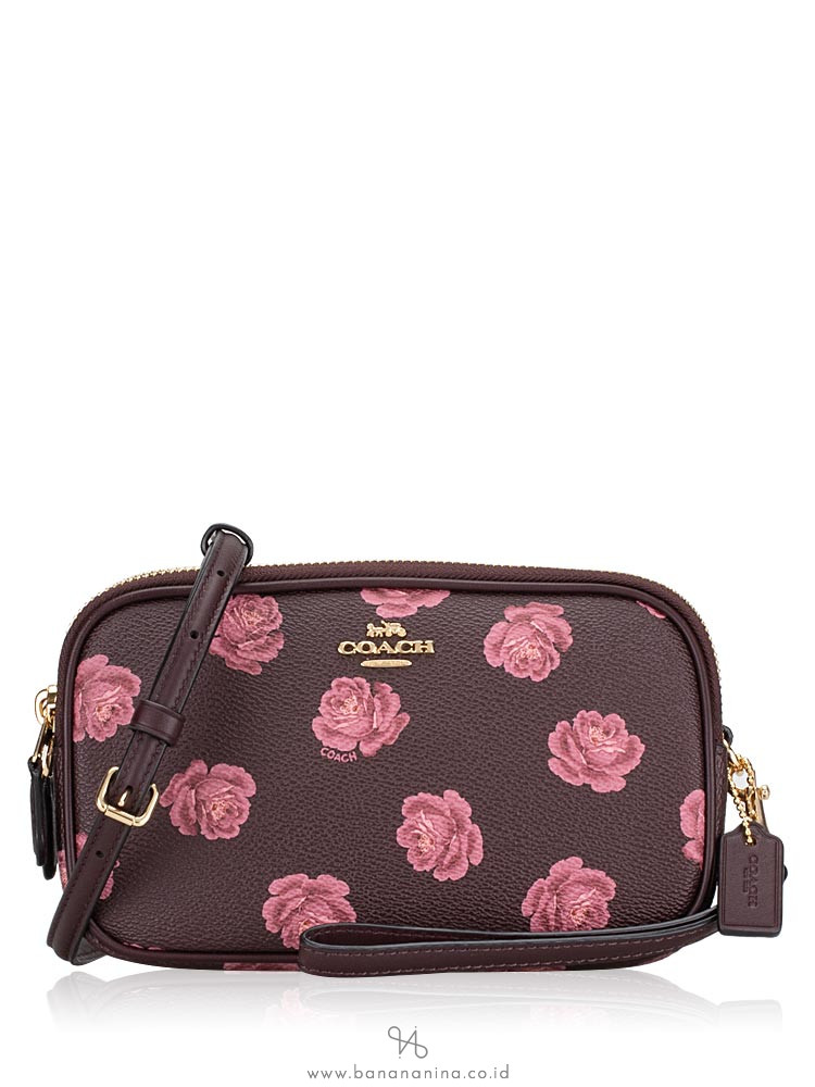 COACH 31826 Sadie Rose Print Crossbody Clutch Oxblood