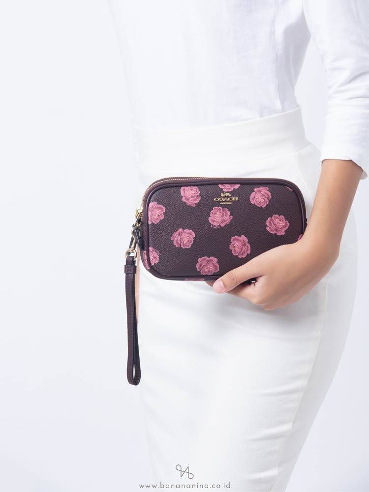 COACH 31826 Sadie Rose Print Crossbody Clutch Oxblood