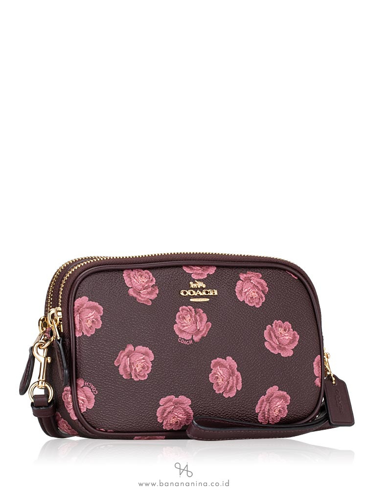 COACH 31826 Sadie Rose Print Crossbody Clutch Oxblood