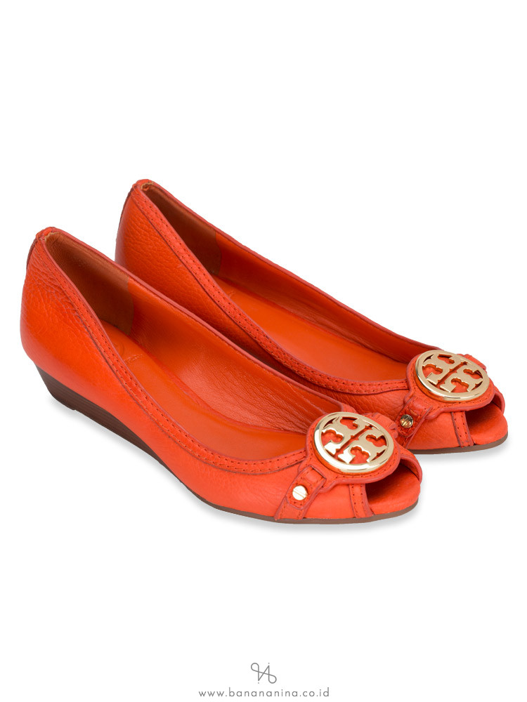 TORY BURCH Leticia Leather Open Toe Mid Wedge Orange Sz 7