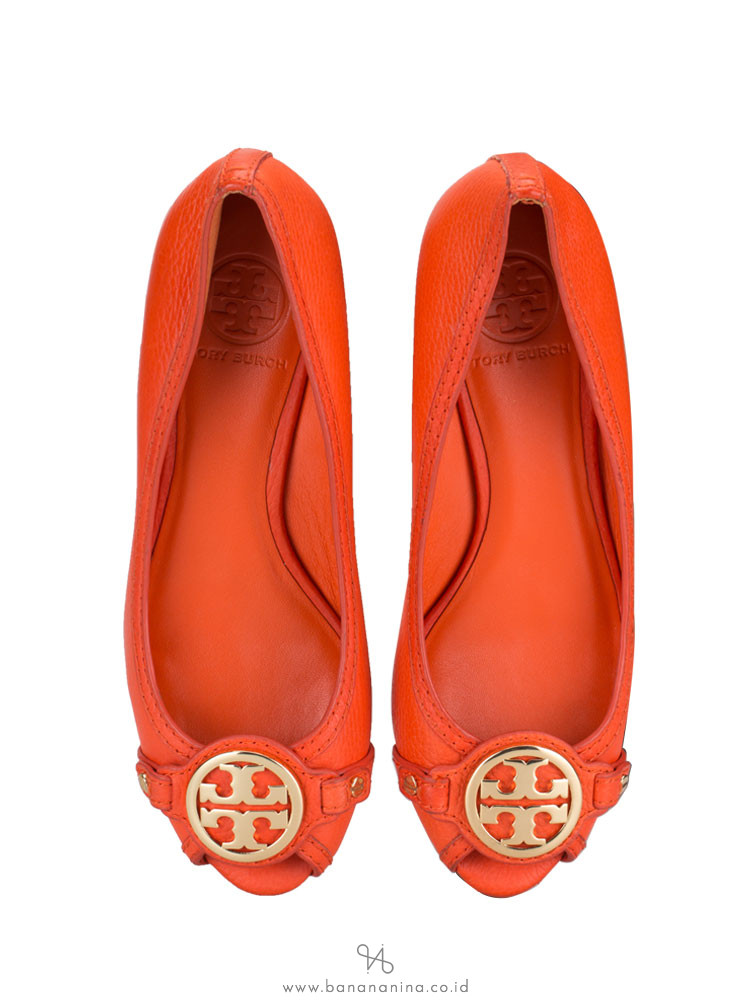 TORY BURCH Leticia Leather Open Toe Mid Wedge Orange Sz 7