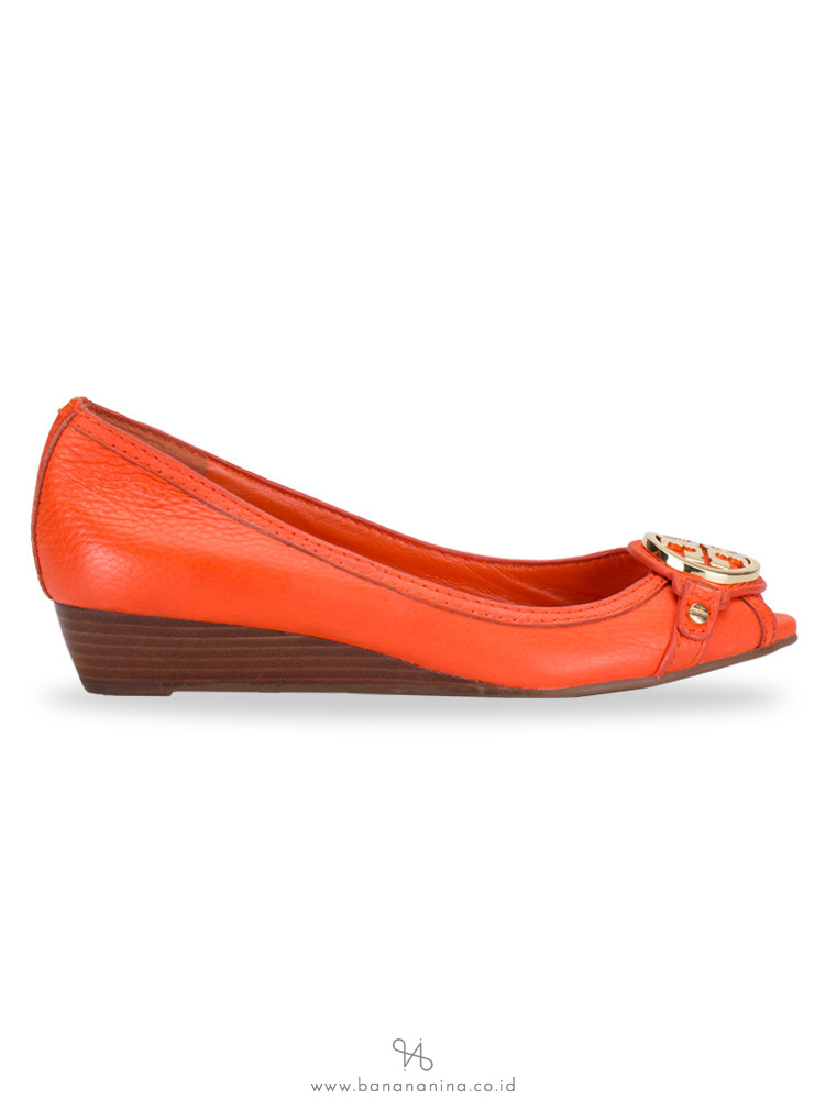 TORY BURCH Leticia Leather Open Toe Mid Wedge Orange Sz 7
