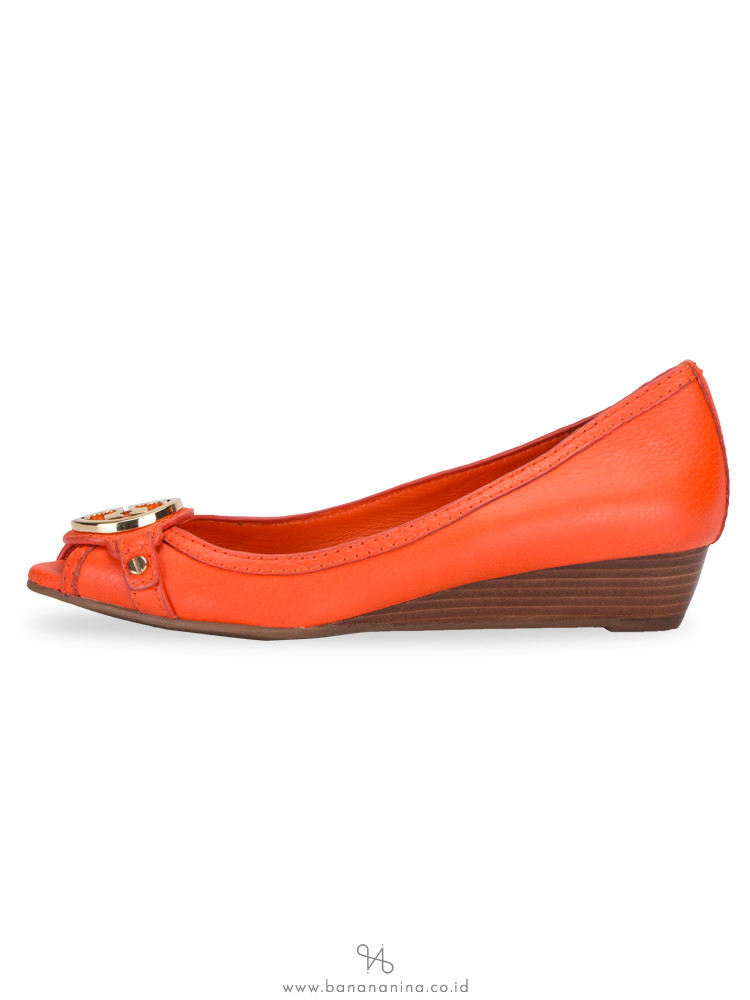 TORY BURCH Leticia Leather Open Toe Mid Wedge Orange Sz 7