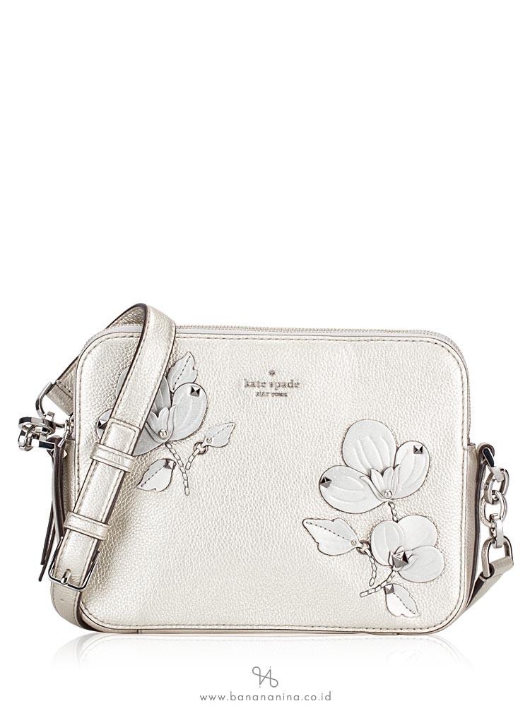 KATE SPADE Larchmont Avenue Floral Applique Camera Bag Metallic Silver