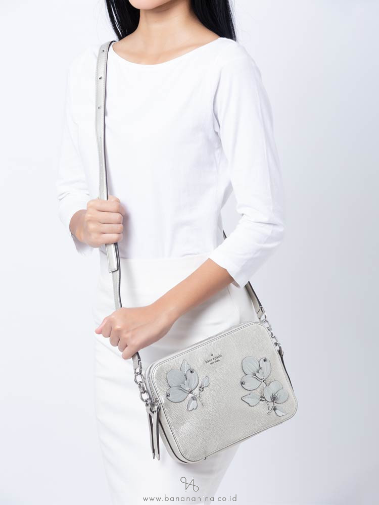 KATE SPADE Larchmont Avenue Floral Applique Camera Bag Metallic Silver