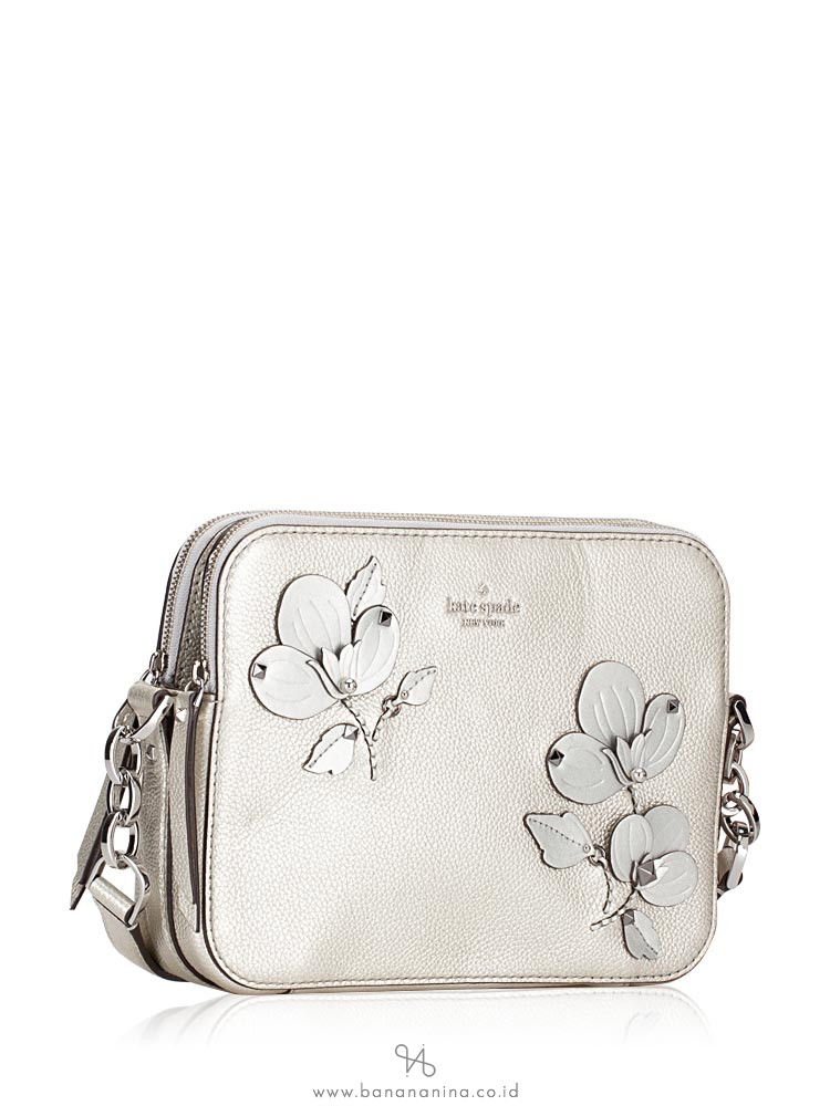 KATE SPADE Larchmont Avenue Floral Applique Camera Bag Metallic Silver
