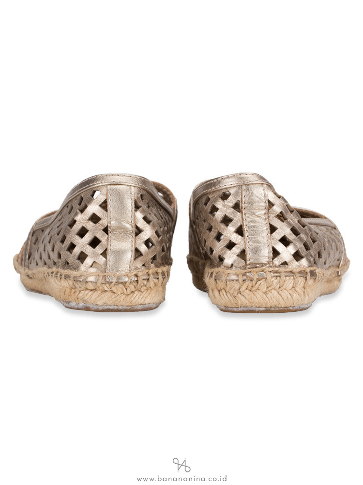 TORY BURCH Thatched Perforated Logo Espadrilles Gold Sz 8
