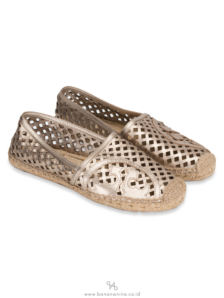 TORY BURCH Thatched Perforated Logo Espadrilles Gold Sz 8