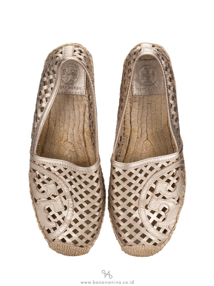 TORY BURCH Thatched Perforated Logo Espadrilles Gold Sz 8